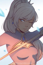 Rule 34 | 1girl, blue eyes, blush, closed eye, closed mouth, dress, earrings, eyebrows, eyelashes, ice, jewelry, koyorin, lips, looking at viewer, one eye closed, ponytail, rapier, rwby, scar, solo, sword, tumblr username, upper body, weapon, weiss schnee, white hair, wind, wink