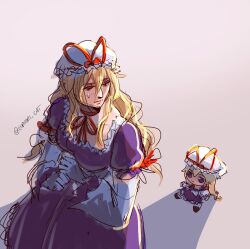 Rule 34 | 1girl, artist name, backlighting, blonde hair, bow, character doll, commentary, dress, english commentary, euphori cat, fumo (doll), gloves, hat, hat ribbon, long hair, long sleeves, looking back, looking down, mob cap, nervous, purple dress, purple eyes, red ribbon, ribbon, shadow, sketch, solo, touhou, twitter username, upper body, white gloves, yakumo yukari