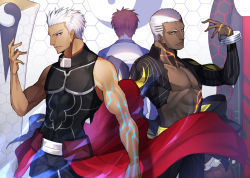 Rule 34 | 3boys, absurdres, archer (fate), arm up, bare arms, black pants, black shirt, brown eyes, buzz cut, closed mouth, collarbone, commentary request, covered collarbone, cuffs, emiya alter, emiya shirou, facing away, fate/grand order, fate/stay night, fate (series), fingernails, forehead, hand up, has bad revision, has downscaled revision, head tilt, highres, honeycomb (pattern), honeycomb background, kamonegi (meisou1998), kanshou &amp; bakuya (fate), long sleeves, looking at viewer, male focus, md5 mismatch, multiple boys, orange hair, pants, parted lips, profile, raglan sleeves, resolution mismatch, shirt, short hair, sleeveless, sleeveless shirt, source smaller, very short hair, white hair, white shirt, yellow eyes