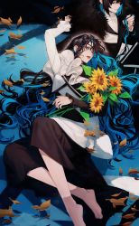 Rule 34 | 1boy, 1girl, absurdres, arm up, bare shoulders, black dress, black hair, blue eyes, blue hair, dress, feet, flower, frilled dress, frills, highres, holding, holding flower, lips, long dress, lying, multicolored hair, on back, original, parted lips, partially submerged, short hair, solo focus, sunflower, two-tone dress, two-tone hair, white dress, xxlsid48