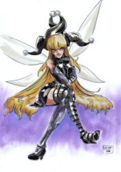 Rule 34 | &gt;:), 1girl, aged up, alternate color, black dress, black gloves, black pantyhose, blonde hair, clownpiece, dress, elbow gloves, fairy, fairy wings, frilled shirt collar, frills, gloves, hat, high heels, highres, jester cap, latex, leggings, long hair, neck ruff, pantyhose, pink eyes, rubber gloves, rumiak, simple background, sleeveless, star (symbol), star print, striped clothes, striped dress, thick thighs, thighs, touhou, traditional media, v-shaped eyebrows, very long hair, white background, wings