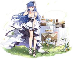 Rule 34 | 1girl, armlet, azur lane, blue eyes, blue gemstone, blue hair, blush, breasts, cake, choker, dress, feather hair ornament, feathers, floating hair, food, full body, gem, gold, hair ornament, tucking hair, heterochromia, high heels, horns, ibuki (azur lane), ibuki (snow on the wind) (azur lane), lace, lace choker, large breasts, leaning forward, long hair, looking at viewer, maya g, official alternate costume, official art, red eyes, sideboob, sidelocks, solo, strapless, strapless dress, table, tachi-e, transparent background, white dress, wind, wrist wrap