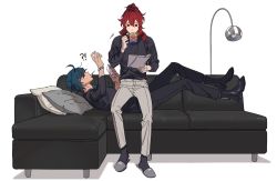 Rule 34 | !?, 2boys, black footwear, blue hair, casual, cellphone, couch, cup, dark-skinned male, dark skin, diluc (genshin impact), eyepatch, genshin impact, holding, holding phone, k young03, kaeya (genshin impact), lamp, long hair, lying, male focus, mug, multiple boys, on back, pants, phone, pillow, ponytail, red eyes, red hair, shirt, simple background, slippers, smartphone, watch, white background, wristwatch