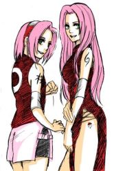 Rule 34 | age comparison, age progression, aged up, artist request, green eyes, happy, haruno sakura, headband, long hair, lowres, mature female, naruto, naruto (series), older woman and teen girl, pink hair, short hair, smile