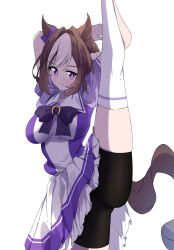 Rule 34 | 1girl, absurdres, animal ears, bike shorts, black shorts, bow, braid, brown hair, closed mouth, commentary request, french braid, hair between eyes, highres, horse ears, horse girl, horse tail, looking at viewer, multicolored hair, puffy short sleeves, puffy sleeves, purple bow, purple eyes, purple shirt, school uniform, shirt, short hair, short sleeves, shorts, simple background, solo, special week (umamusume), split, standing, standing on one leg, standing split, streaked hair, summer uniform, tail, thighhighs, tracen school uniform, umamusume, white background, white hair, white thighhighs, yorozuya (yoroz ryobi)