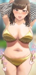 Rule 34 | 1girl, armpits, arms up, beach, belly, bikini, blunt bangs, blurry, blurry background, blush, breasts, brown eyes, brown hair, commentary request, cowboy shot, gold bikini, happy, head tilt, heart, highres, large breasts, looking at viewer, metallic bikini, mole, mole on breast, mole on thigh, navel, open mouth, original, outdoors, parted bangs, plump, ryokucha michi, shiny clothes, unworn shirt, smile, solo, stomach, string bikini, string tie, sweatdrop, swimsuit, thighs, wavy hair, wet, yellow bikini