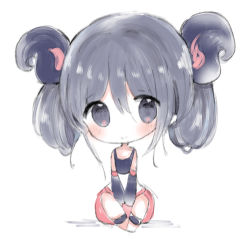 Rule 34 | 1girl, bad id, bad pixiv id, bare shoulders, barefoot, big head, black gloves, black tank top, blush, chibi, closed mouth, commentary request, cottontailtokki, curled horns, elbow gloves, gloves, grey eyes, grey hair, hair between eyes, horns, original, puffy shorts, red shorts, short shorts, shorts, sitting, smile, solo, tank top, white background