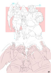 Rule 34 | 1boy, 2girls, anklet, bird legs, blush, breasts, character name, commentary request, feathered wings, feathers, furry, furry male, glasses, greyscale, hair over one eye, half-harpy, height difference, highres, holding, holding ice cream cone, hood, hood up, hoodie, ice cream cone, jewelry, large breasts, long hair, monochrome, monster girl, multiple girls, neck fur, open mouth, pleated skirt, protagonist 2 (housamo), skirt, smile, sumi wo hakuneko, talons, thighhighs, tokyo houkago summoners, wings, zettai ryouiki, ziz (housamo)
