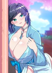 Rule 34 | absurdres, alternate breast size, aqua eyes, bead necklace, beads, black hair, blue kimono, blunt bangs, blush, braid, breast press, breasts, cleavage, clothes pull, cowboy shot, dice, earrings, french braid, genshin impact, head tilt, highres, huge breasts, japanese clothes, jewelry, kimono, leaning forward, looking at viewer, mole, mole on breast, necklace, nya (73809635), open mouth, outdoors, seductive smile, shiny skin, short hair, smile, standing, swept bangs, wide sleeves, yelan (genshin impact)