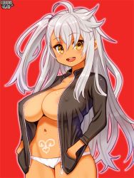 Rule 34 | 1girl, areola slip, blush, breasts, copyright name, covered erect nipples, hands in pockets, huge breasts, jacket, kerberos blade, logo, long hair, long sleeves, looking at viewer, messy hair, navel, no bra, official art, one side up, open clothes, open jacket, open mouth, panties, pubic tattoo, red background, ryoji (nomura ryouji), silver hair, simple background, solo, tattoo, teeth, underwear, unzipped, upper teeth only, white panties, yellow eyes