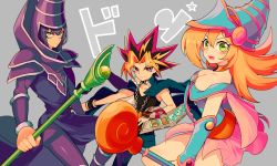 Rule 34 | 1girl, bare shoulders, blonde hair, blue eyes, breasts, cleavage, commentary request, dark magician, dark magician girl, detached sleeves, duel monster, dyed bangs, hat, highres, large breasts, long hair, mommorua, multiple boys, smile, yami yugi, yu-gi-oh!, yu-gi-oh! duel monsters