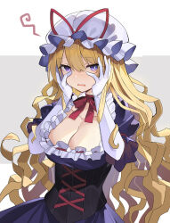 Rule 34 | 1girl, blonde hair, breasts, choker, cleavage, commentary request, corset, embarrassed, falken (yutozin), gloves, grey background, hair between eyes, hands on own cheeks, hands on own face, hat, large breasts, long hair, looking at viewer, mob cap, purple eyes, red choker, red ribbon, revision, ribbon, ribbon choker, solo, touhou, two-tone background, white background, white gloves, white hat, yakumo yukari