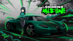 Rule 34 | 1girl, artist name, black jacket, black pants, brown eyes, car, character name, commentary, commission, copyright name, crossed arms, english commentary, facebook logo, facebook username, green footwear, green hair, green jacket, green theme, highres, imrinzlergtz art, instagram logo, instagram username, jacket, koenigsegg (automobile), koenigsegg cc850, logo parody, love live!, love live! nijigasaki high school idol club, mifune shioriko, mixed-language commentary, motor vehicle, multicolored clothes, multicolored jacket, need for speed, need for speed unbound, pants, shoes, smile, sneakers, solo, spanish commentary, spoiler (automobile), sports car, track jacket, twitter logo, twitter username, two-tone jacket, vehicle focus