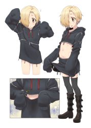 Rule 34 | 1girl, :o, absurdres, alternate costume, arms up, black thighhighs, blonde hair, blush, boots, brown eyes, commentary request, cropped legs, cross-laced footwear, drawstring, ear piercing, full body, hair over one eye, highres, hood, hood down, hoodie, idolmaster, idolmaster cinderella girls, knee boots, lace-up boots, midiman, multiple views, navel, open mouth, partially unzipped, piercing, shirasaka koume, short hair, simple background, sleeves past fingers, sleeves past wrists, smile, thighhighs, unzipped, unzipping, white background, zipper, zipper pull tab