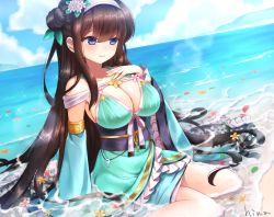Rule 34 | 1girl, bad id, bad pixiv id, bare shoulders, beach, black hair, blue eyes, blue sky, breasts, cleavage, closed mouth, cloud, cloudy sky, collarbone, commentary, day, detached sleeves, dutch angle, flower, frilled kimono, frills, green kimono, hair between eyes, hair bun, hair flower, hair ornament, hairband, hand on own chest, hand up, hi-na1, horizon, japanese clothes, kimono, large breasts, lens flare, long hair, looking away, looking down, magatama, obi, ocean, outdoors, petals, petals on liquid, rinne (sennen sensou aigis), sash, sennen sensou aigis, sidelocks, signature, single hair bun, sitting, sky, sleeveless, sleeveless kimono, smile, solo, sparkle, very long hair, wariza, white flower, white hairband, wide sleeves, yellow flower