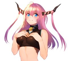 Rule 34 | 1girl, bad id, bad twitter id, bare shoulders, blue eyes, blush, breast suppress, breasts, erubo, horns, long hair, looking at viewer, midriff, neck bell, original, pink hair, pointy ears, smile, solo, white background