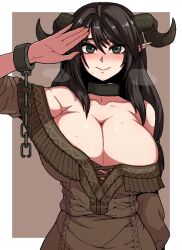 Rule 34 | 1girl, arm up, bare shoulders, black hair, blush, border, breasts, brown background, chain, cleavage, closed mouth, collarbone, commentary request, curled horns, fang, fang out, formicid, green eyes, groin, hair between eyes, horns, huge breasts, jaggy lines, korean commentary, long hair, looking at viewer, mole, mole on breast, mole under eye, navel, nose blush, original, outside border, pointy ears, simple background, smile, solo, straight-on, white border, wrist cuffs