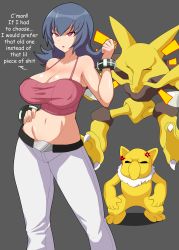Rule 34 | 1girl, absurdres, alakazam, alternate breast size, anger vein, bare arms, bare shoulders, belt, black hair, breasts, cleavage, closed eyes, collarbone, covered erect nipples, creatures (company), crop top, english text, facing another, flipped hair, floating, game freak, gen 1 pokemon, grey background, gym leader, hagarza p, hand up, highres, huge breasts, hypno, long hair, looking at viewer, midriff, navel, nintendo, pants, parted lips, pokemon, pokemon (creature), pokemon hgss, profanity, red eyes, sabrina (pokemon), simple background, standing, stomach, white pants