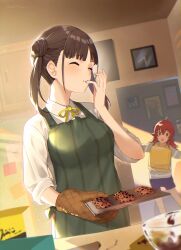 Rule 34 | 2girls, absurdres, apron, backpack, bag, blue jacket, blue shorts, blunt bangs, blush, brown hair, brown mittens, closed eyes, closed mouth, collared shirt, cookie, dutch angle, finger in own mouth, food, front backpack, green apron, hair bun, highres, holding, holding tray, idolmaster, idolmaster shiny colors, indoors, jacket, komiya kaho, light rays, long hair, mittens, multiple girls, neck ribbon, open mouth, oven mitts, ratifuu, red eyes, red hair, ribbon, shirt, short twintails, shorts, sidelocks, solo focus, sonoda chiyoko, tray, twintails, twitter username, upper body, white shirt, yellow bag, yellow ribbon