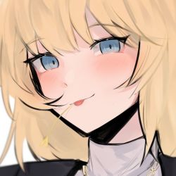 Rule 34 | 1girl, alternate costume, blonde hair, blue eyes, blush, close-up, daiishori, highres, hololive, hololive english, jewelry, looking at viewer, medium hair, mouth hold, necklace, portrait, smile, solo, stalk in mouth, tongue, tongue out, turtleneck, virtual youtuber, watson amelia
