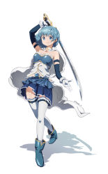 Rule 34 | 1girl, absurdres, arm strap, belt, blue belt, blue hair, blue shirt, blue skirt, cape, elbow gloves, frills, full body, gloves, highres, holding, holding sword, holding weapon, layered gloves, looking at viewer, magical girl, mahou shoujo madoka magica, mahou shoujo madoka magica (anime), miki sayaka, pianzu mao, pleated skirt, shadow, shirt, short hair, skirt, solo, standing, strapless, strapless shirt, sword, thighhighs, weapon, white cape, white gloves, white thighhighs