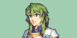 1girl armor bad_id bad_twitter_id blue_eyes buskhusker close-up closed_mouth fire_emblem green_background green_hair hair_between_eyes headband highres looking_to_the_side nintendo original pixel_art portrait simple_background solo