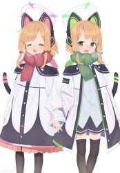 Rule 34 | 2girls, aji aji nori, animal ear headphones, animal ears, black thighhighs, blonde hair, blue archive, blue bow, bow, closed eyes, fake animal ears, green eyes, green halo, green scarf, hair bow, halo, headphones, highres, jacket, long sleeves, looking at viewer, midori (blue archive), momoi (blue archive), multiple girls, open mouth, pink halo, red bow, red scarf, scarf, short hair, siblings, simple background, sisters, smile, thighhighs, twitter username, two-sided fabric, two-sided jacket, white background, white jacket
