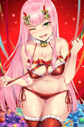 Rule 34 | 10s, 1girl, ;d, absurdres, armpit crease, bare arms, bare shoulders, bell, bikini, blush, box, breasts, cameltoe, candy, candy cane, christmas, cleavage, collarbone, commentary request, covered erect nipples, cowboy shot, darling in the franxx, detached collar, food, fur-trimmed legwear, fur collar, fur trim, gift, gift box, gluteal fold, green eyes, green ribbon, groin, hair ribbon, hand up, highres, holding, holding ribbon, horns, large breasts, leaning forward, long hair, looking at viewer, navel, one eye closed, open mouth, pink hair, red ribbon, red thighhighs, ribbon, sanpaku, santa bikini, sgt-jz, side-tie bikini bottom, sidelocks, smile, solo, standing, stomach, swimsuit, teeth, thighhighs, very long hair, zero two (darling in the franxx)
