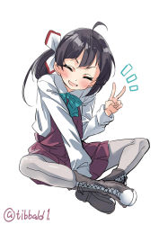 Rule 34 | 1girl, :d, ^^^, ahoge, aqua bow, aqua bowtie, between legs, black hair, blush, boots, bow, bowtie, closed eyes, collared shirt, cross-laced footwear, dress, ebifurya, fujinami (kancolle), full body, grey pantyhose, hair bow, hand between legs, highres, indian style, kantai collection, lace-up boots, long hair, long sleeves, open mouth, pantyhose, pink dress, ponytail, shirt, simple background, sitting, sleeveless, sleeveless dress, smile, solo, twitter username, v, white background, white shirt