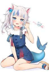 Rule 34 | 1girl, animal ears, ayamy, blue dress, blue eyes, blue hair, blue nails, cat ears, collarbone, dress, fingernails, fins, fish tail, full body, gawr gura, gawr gura (casual), hair ornament, highres, hololive, hololive english, legs, looking at viewer, multicolored hair, nail polish, official alternate costume, open mouth, paw pose, sandals, shark tail, short hair, side ponytail, simple background, sitting, smile, solo, tail, toes, two-tone hair, virtual youtuber, white background, white hair