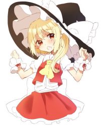 Rule 34 | 1girl, abe suke, alternate headwear, arms at sides, ascot, blonde hair, blush, borrowed clothes, bow, brown eyes, collared shirt, commentary request, flandre scarlet, hair over shoulder, hat, hat bow, open mouth, ponytail, red skirt, shirt, short sleeves, simple background, skirt, skirt set, solo, touhou, white background, white bow, white shirt, witch hat