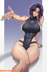 Rule 34 | 1girl, abs, absurdres, armpits, bare shoulders, blush, boku no hero academia, breasts, highres, lady nagant, large breasts, multicolored hair, muscular, muscular female, pink hair, purple eyes, purple hair, short hair, smile, solo, stopu, thick thighs, thighs, turtleneck, two-tone hair