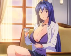 Rule 34 | 1girl, blue hair, blush, breasts, cleavage, cup, curtains, hair between eyes, hair intakes, holding, huge breasts, jewelry, lab coat, long hair, maken-ki!, necklace, nijou aki, open mouth, plate, red eyes, screencap, sitting, skirt, solo, stitched, sunburst, takami akio, third-party edit, window