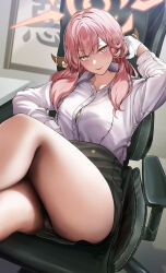 Rule 34 | 1girl, absurdres, aru (blue archive), black skirt, blue archive, blush, breasts, chair, closed mouth, collared shirt, crossed legs, gloves, halo, highres, horns, large breasts, long hair, long sleeves, looking at viewer, pink hair, pol winner, shirt, shirt tucked in, sitting, skirt, smile, solo, thighs, white gloves, white shirt, yellow eyes