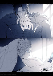 Rule 34 | 2boys, 777 komo, blue eyes, cellphone, cloud strife, final fantasy, final fantasy vii, flip phone, holding, holding phone, injury, jacket, monochrome, multiple boys, muscular, muscular male, own hands together, pants, parted bangs, pectorals, phone, pillow, shirt, sitting, spiked hair, square enix, t-shirt, under covers, zack fair