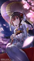 Rule 34 | 1girl, black hair, bow, breasts, closed mouth, cup, floral print, flower, hagane orchestra, hair between eyes, hair flower, hair ornament, hair ribbon, holding, holding umbrella, japanese clothes, kimono, long hair, long sleeves, looking at viewer, night, night sky, nogi lief, obi, official art, outdoors, petals, pink flower, print kimono, purple eyes, purple umbrella, red flower, ribbon, sash, side ponytail, sitting, sky, small breasts, smile, solo, star (sky), starry sky, umbrella, white kimono, white ribbon, wide sleeves, yellow bow, yunomi