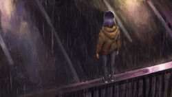 Rule 34 | 1girl, brown hoodie, commentary, commentary request, elvafirst, english commentary, from above, from behind, highres, hood, hoodie, imminent suicide, kurokawa akane, night, on railing, oshi no ko, outdoors, pants, purple hair, railing, rain, road, solo, spoilers, standing, wide shot