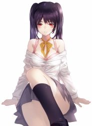 Rule 34 | 1girl, arm support, bad id, bad twitter id, black hair, black legwear, blush, bra, breasts, clothes pull, convenient leg, kfr, light smile, long hair, looking at viewer, neckerchief, off shoulder, original, pleated skirt, red eyes, school uniform, shirt pull, sidelocks, simple background, skirt, solo, tsurime, twintails, underwear, white background