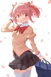 Rule 34 | 1girl, bag, black skirt, blush, bow, bowtie, breasts, closed mouth, cocoa (ultra mdk), commentary, cowboy shot, falling petals, hand on own head, hand up, high collar, highres, holding, holding bag, juliet sleeves, kaname madoka, long sleeves, looking at viewer, mahou shoujo madoka magica, mahou shoujo madoka magica (anime), mitakihara school uniform, petals, pink hair, plaid, plaid skirt, pleated skirt, portrait, puffy sleeves, red bow, red bowtie, red eyes, school bag, school uniform, short hair, short twintails, simple background, skirt, small breasts, smile, solo, thighhighs, twintails, white background, white thighhighs, zettai ryouiki