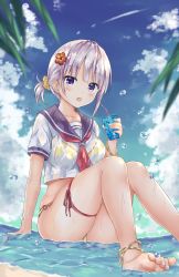 Rule 34 | 1girl, anklet, barefoot, bendy straw, bikini, bikini under clothes, blue sky, blush, breasts, cloud, commentary request, cup, day, disposable cup, drinking straw, flower, hair flower, hair ornament, hair scrunchie, highres, holding, holding cup, ice, ice cube, jewelry, knees up, looking at viewer, medium breasts, mizumidori, neckerchief, no pants, o-ring, o-ring bikini, o-ring bottom, open mouth, original, outdoors, ponytail, purple eyes, red flower, red neckerchief, school uniform, scrunchie, see-through, serafuku, shallow water, shirt, short sleeves, silver hair, sitting, skindentation, sky, solo, swimsuit, teeth, upper teeth only, water, water drop, wet, wet clothes, wet shirt, white shirt, yellow bikini, yellow scrunchie