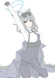 Rule 34 | 1girl, alternate costume, animal ear fluff, animal ears, arm up, black gloves, black jacket, black necktie, blue archive, blue eyes, blue halo, blush, braid, breasts, bright pupils, closed mouth, covered navel, eyewear on head, gloves, grey hair, halo, highres, jacket, kneeling, looking at viewer, masabodo, medium breasts, mina (blue archive), necktie, shiroko (blue archive), simple background, solo, striped clothes, striped jacket, sunglasses, vertical-striped clothes, vertical-striped jacket, white background, white pupils