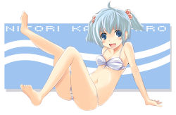 Rule 34 | 1girl, arm support, bare shoulders, barefoot, bikini, blue eyes, blue hair, character name, feet, female focus, hair bobbles, hair ornament, kawashiro nitori, matching hair/eyes, maturiuta sorato, navel, smile, solo, swimsuit, touhou, twintails, two side up
