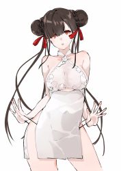 Rule 34 | 1girl, bare arms, braid, braided bun, brown hair, contrapposto, copyright request, cowboy shot, double bun, dress, hair bun, head tilt, highres, long hair, looking at viewer, neko (ganecooo), panties, panty lift, parted lips, pelvic curtain, red eyes, simple background, solo, standing, strap lift, underwear, very long hair, white background, white dress