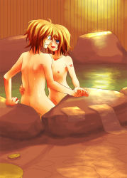 Rule 34 | 1boy, 1girl, ass, blonde hair, blush, brother and sister, hetero, highres, incest, kagamine len, kagamine rin, mixed-sex bathing, nude, onsen, shared bathing, siblings, suzumi (fallxalice), twincest, twins, vocaloid, water, wet