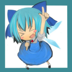 Rule 34 | &gt; &lt;, 1girl, bow, chibi, cirno, closed eyes, female focus, kamina pose, lowres, ofly (ofly252), pointing, pointing up, solo, embodiment of scarlet devil, touhou