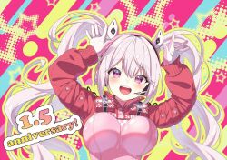 Rule 34 | 1girl, alice (nikke), anniversary, blush, bodysuit, breasts, goddess of victory: nikke, headset, highres, impossible bodysuit, impossible clothes, kodebiru, large breasts, long hair, looking at viewer, open hands, pink bodysuit, pink eyes, pink hair, rabbit pose, red shrug, shrug (clothing), skin tight, smile, solo, twintails