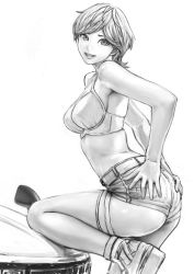 Rule 34 | 1girl, ankle socks, arched back, armpits, ass, belt, bra, breasts, car, carina (xiaowoo), cleavage, denim, denim shorts, from side, greyscale, hands on own ass, happy, highres, kaikan change, leaning forward, leg lift, leg up, lips, looking at viewer, looking back, looking to the side, makoto (carina), medium breasts, monochrome, motor vehicle, no shirt, on one knee, on vehicle, open mouth, original, parted bangs, platform footwear, saionji makoto, shoes, short hair, short shorts, shorts, simple background, smile, socks, solo, swept bangs, thigh strap, underwear, vehicle, white background