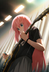 Rule 34 | 1girl, absurdres, black shirt, blue eyes, bocchi the rock!, bracelet, champi, closed mouth, curtains, electric guitar, gibson les paul, gotoh hitori, grey skirt, guitar, highres, holding, holding instrument, instrument, jewelry, long hair, looking down, music, pink hair, playing instrument, shirt, short sleeves, skirt, solo