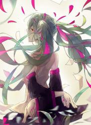Rule 34 | 1girl, aqua hair, arms behind back, bad id, bad pixiv id, crossed arms, detached sleeves, dress, falling petals, floating hair, from behind, green hair, hantasy, hatsune miku, highres, long hair, looking to the side, mousou zei (vocaloid), nail polish, open mouth, petals, red eyes, skirt, sleeveless, sleeveless dress, solo, twintails, very long hair, vocaloid, wide sleeves