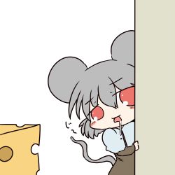 Rule 34 | 1girl, animal ears, around corner, blush stickers, brown dress, capelet, cheese, chibi, dekasudachin, dress, drooling, female focus, food, grey hair, mouse ears, mouse tail, nazrin, open mouth, peeking out, red eyes, solo, tail, touhou